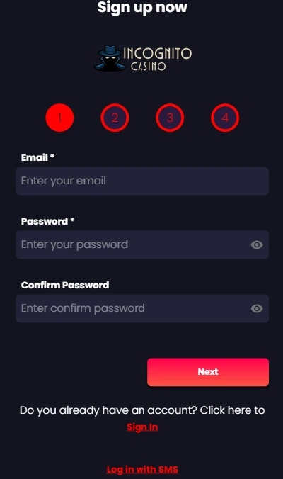 Incognito Casino Login-Formular zur Kontoanmeldung